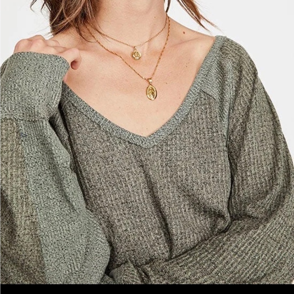 Free People “We The Free” Thermal V-Neck Top Olive Green - XS “Santa Clara Top” - Picture 2 of 11